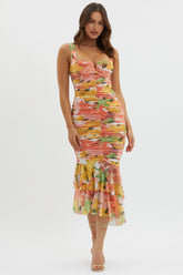 Nadia Ruched Fishtail Midi Dress Floral Orange