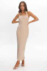 Goldfoil Halter Neck Maxi Dress Ecru