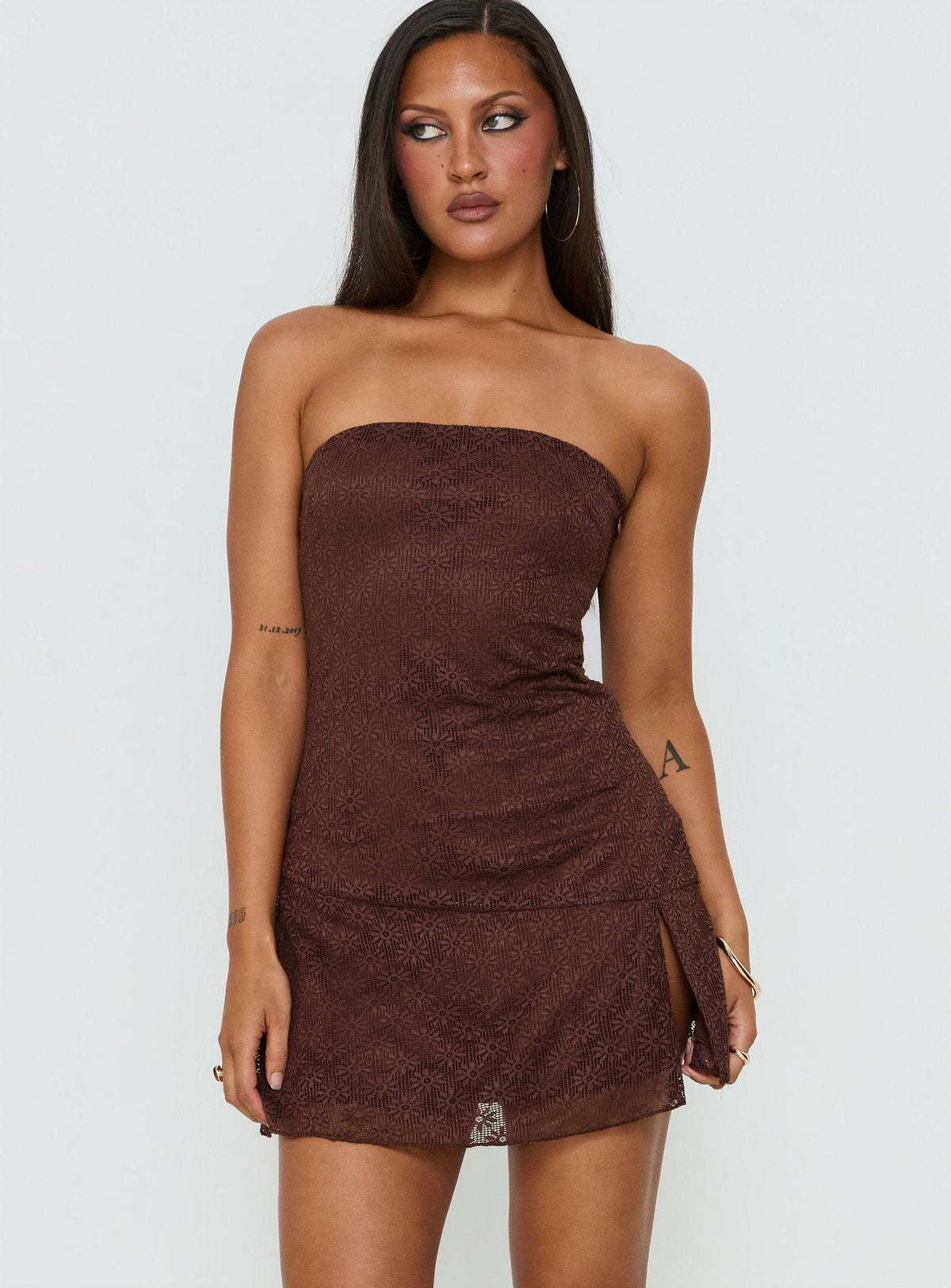 Cavalier Strapless Lace Mini Dress Chocolate