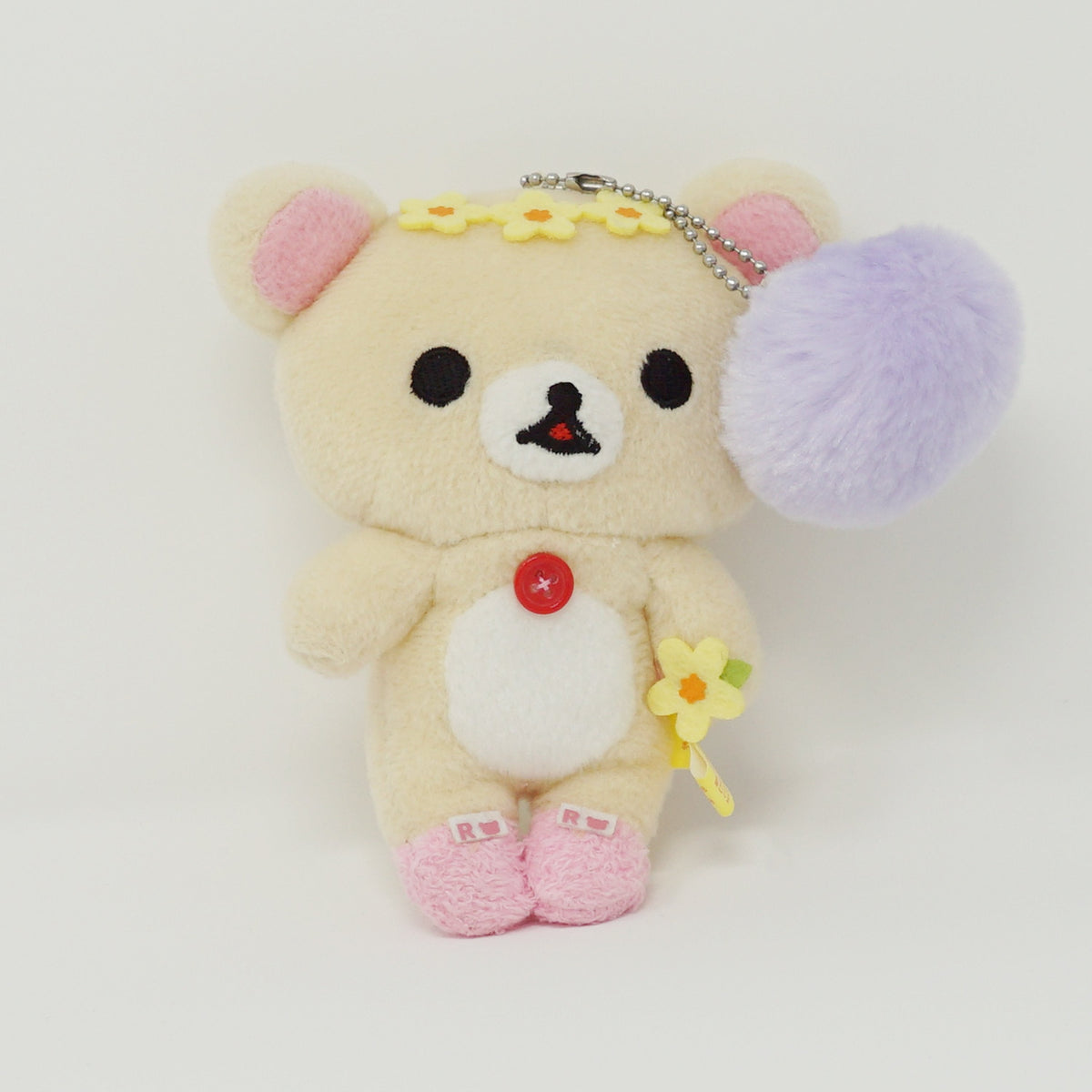2012 Korilakkuma with Flowers and Purple Pom Pom Plush Keychain - Rilakkuma